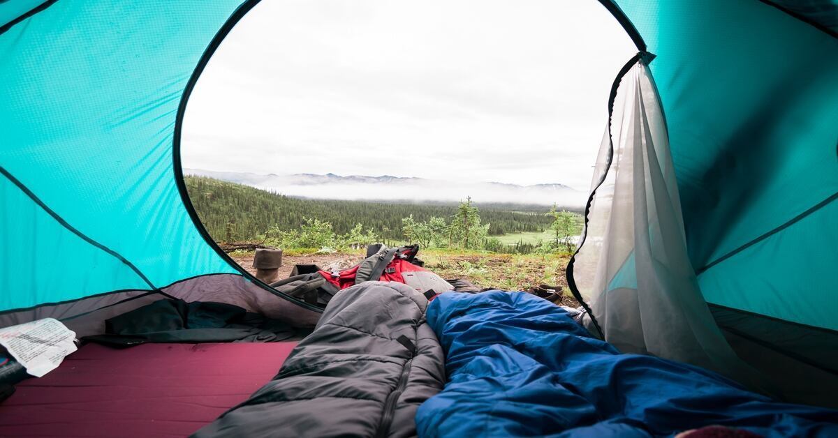 sleeping bag at in a tent