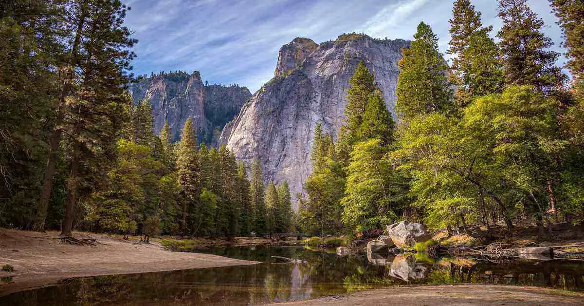 trees, water and mountains at Yosemite