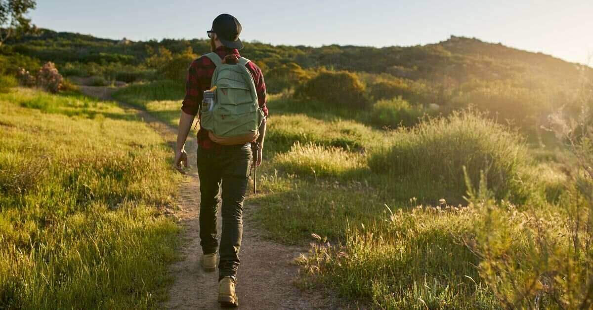 hiker with backpack on a trail in sunny weather