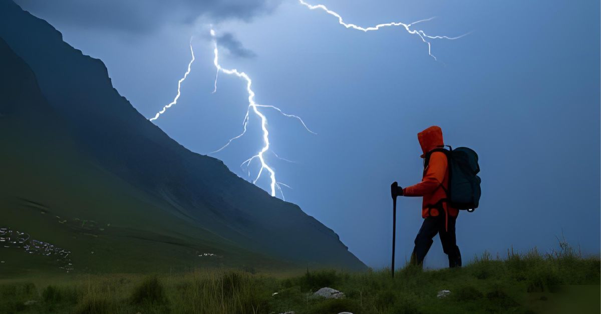 A person hiking through a thunderstorm with lightning in the sky